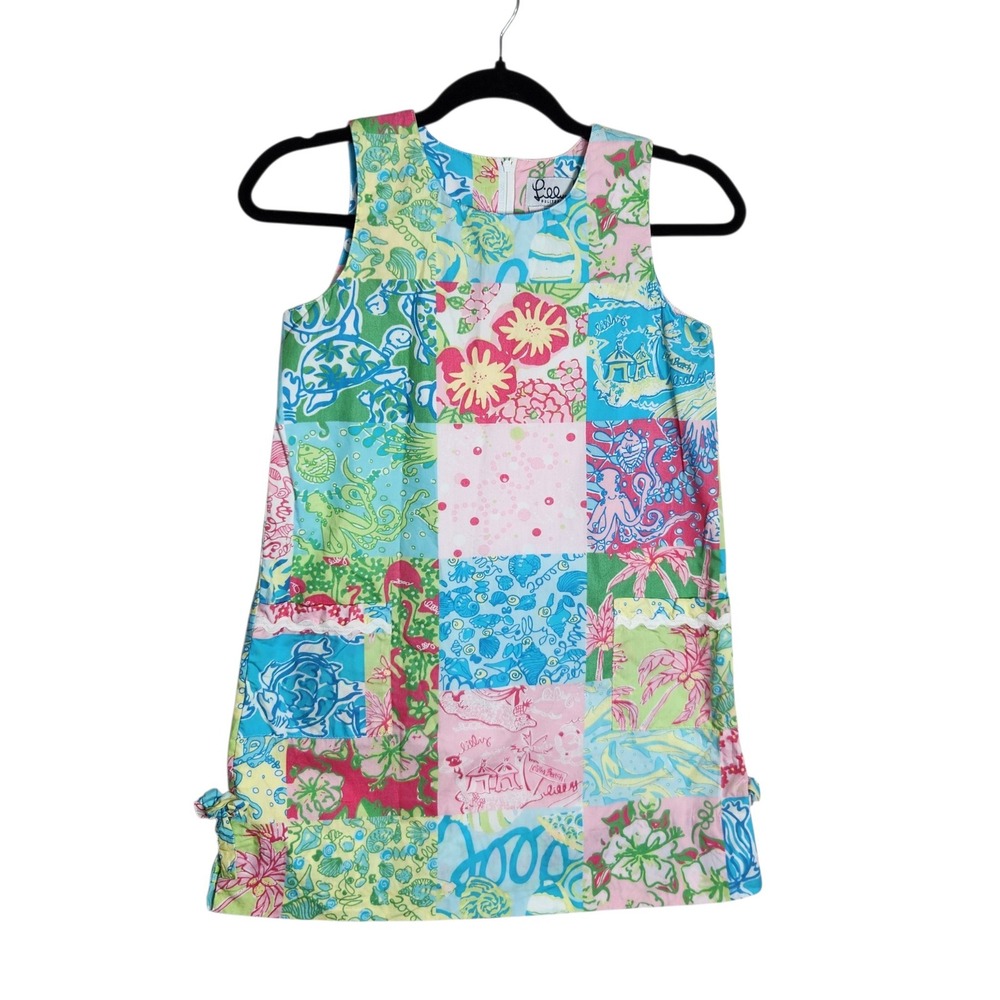 Lilly Pulitzer Patchwork Shift Dress Multi Color Cotton Floral Shells Size 12